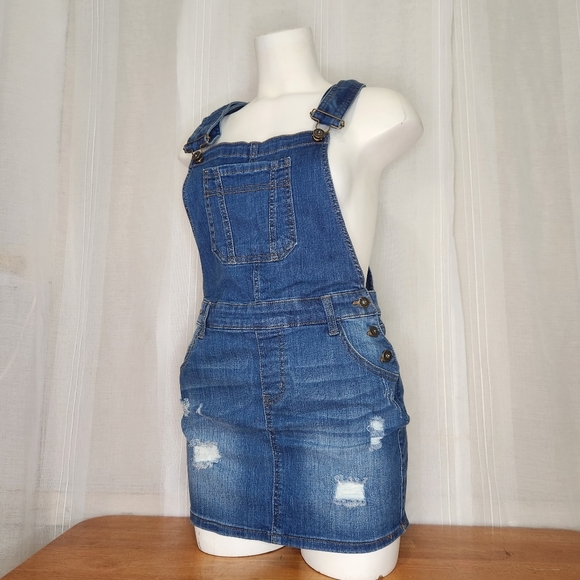 Wax Jeans Women's Juniors Distressed Denim Overall Dress Size Medium. - Picture 7 of 15